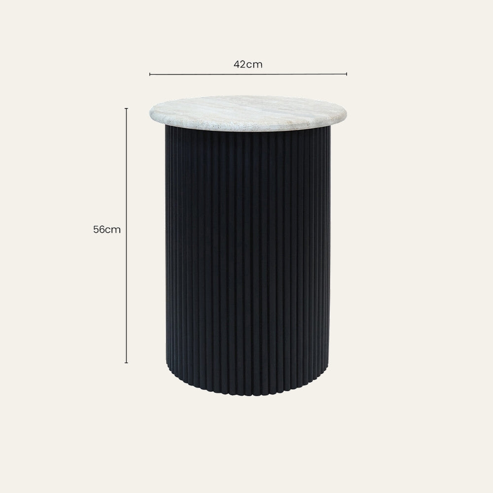 Elsen Travertine Side Table with round light travertine top and black fluted cylindrical base, 42cm diameter × 56cm high