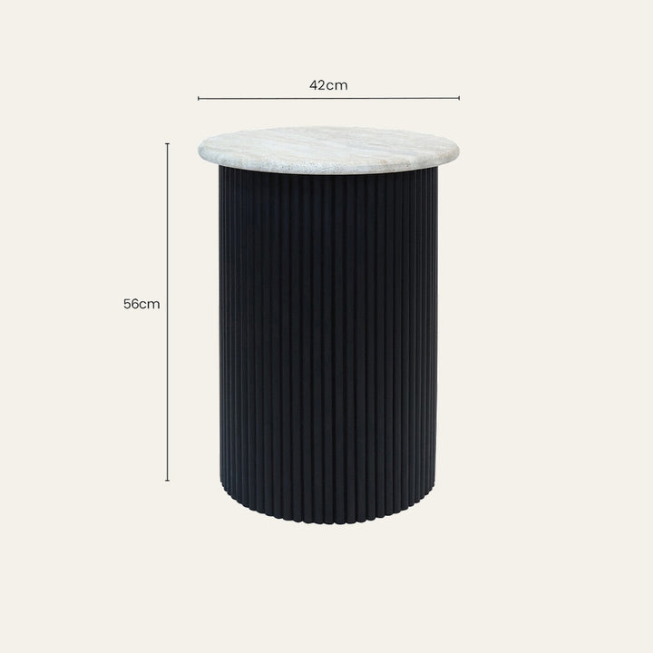 Elsen Travertine Side Table with round light travertine top and black fluted cylindrical base, 42cm diameter × 56cm high