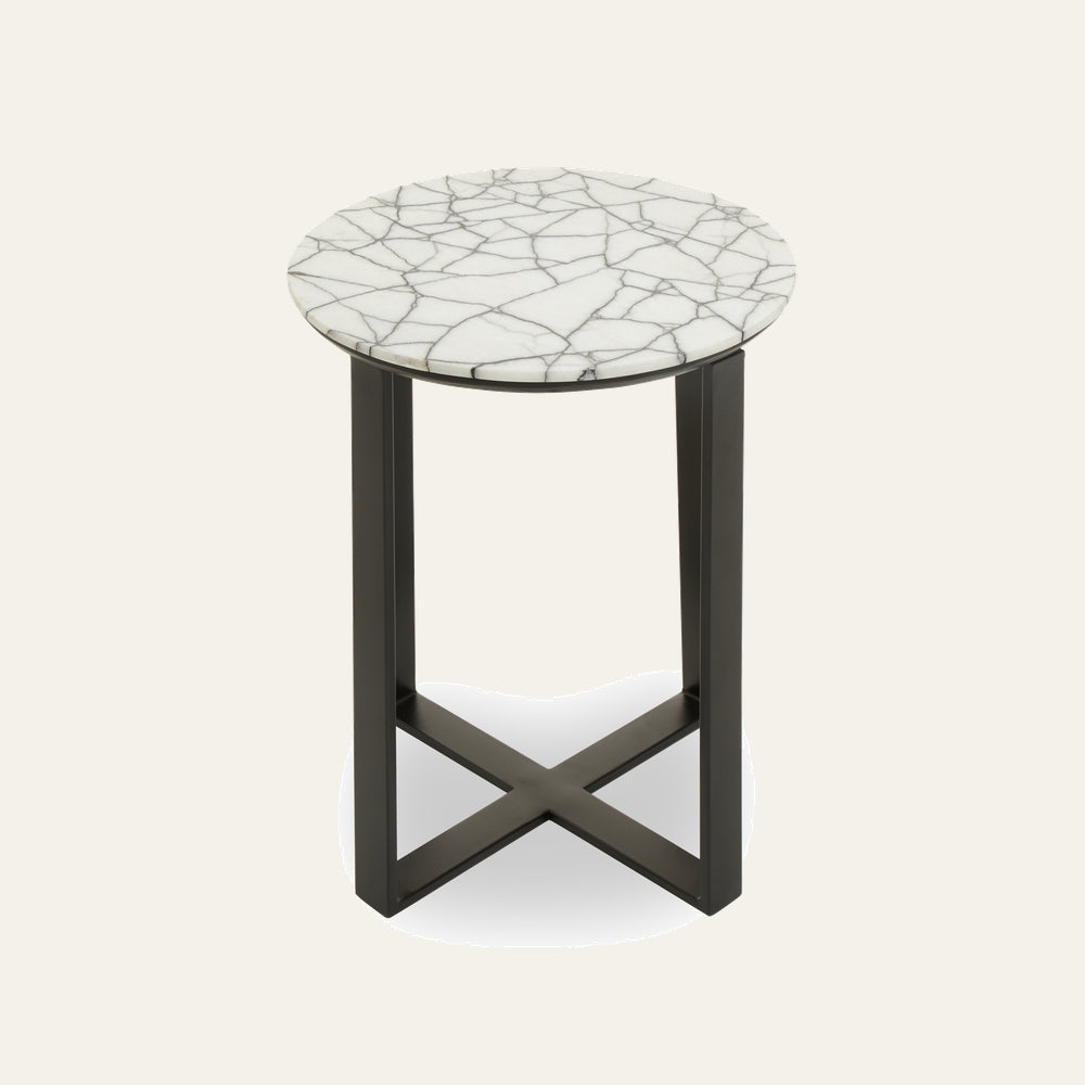 Elton Marble Top Side Table with round white marble top with gray veining and slim black metal base with X-shaped cross support