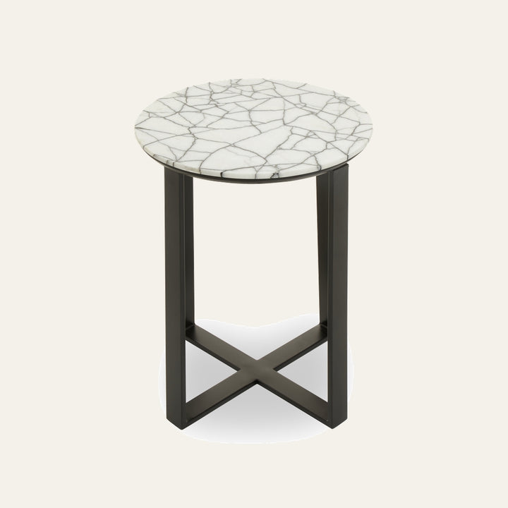 Elton Marble Top Side Table with round white marble top with gray veining and slim black metal base with X-shaped cross support
