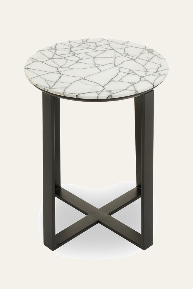 Elton Marble Top Side Table with round white marble top featuring dark gray veining and a black metal base with X-shaped stretcher