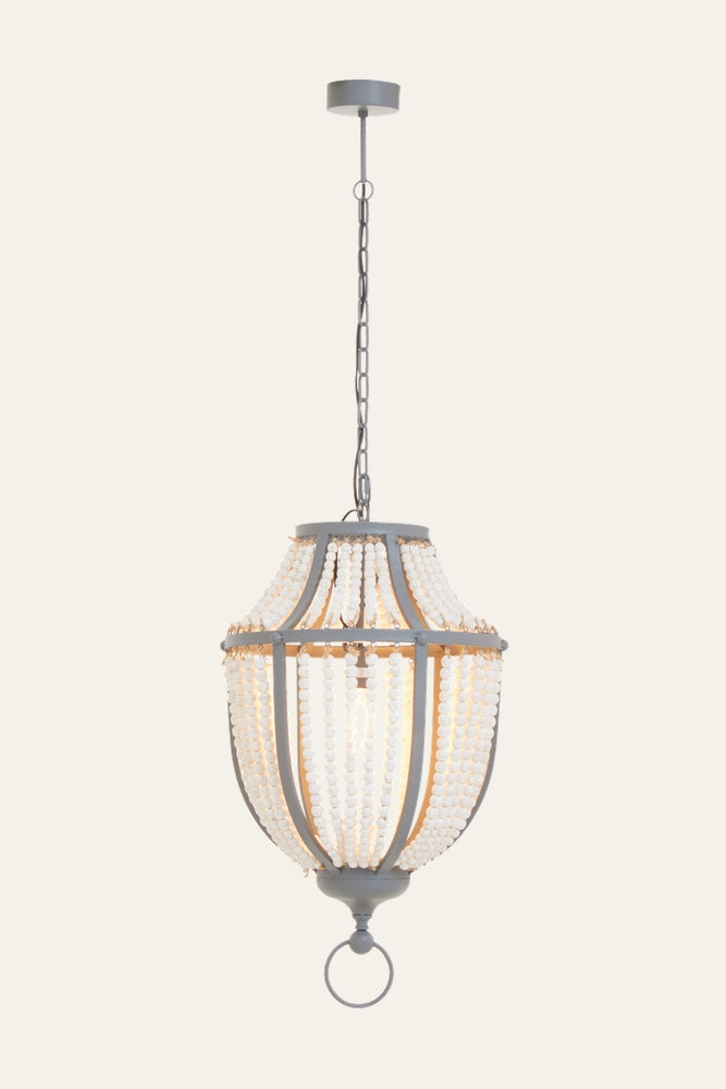 Elvara Ceiling Light — urn-shaped pendant with grey metal frame and cascading white beaded strands, suspended from chain and canopy with warm interior glow.