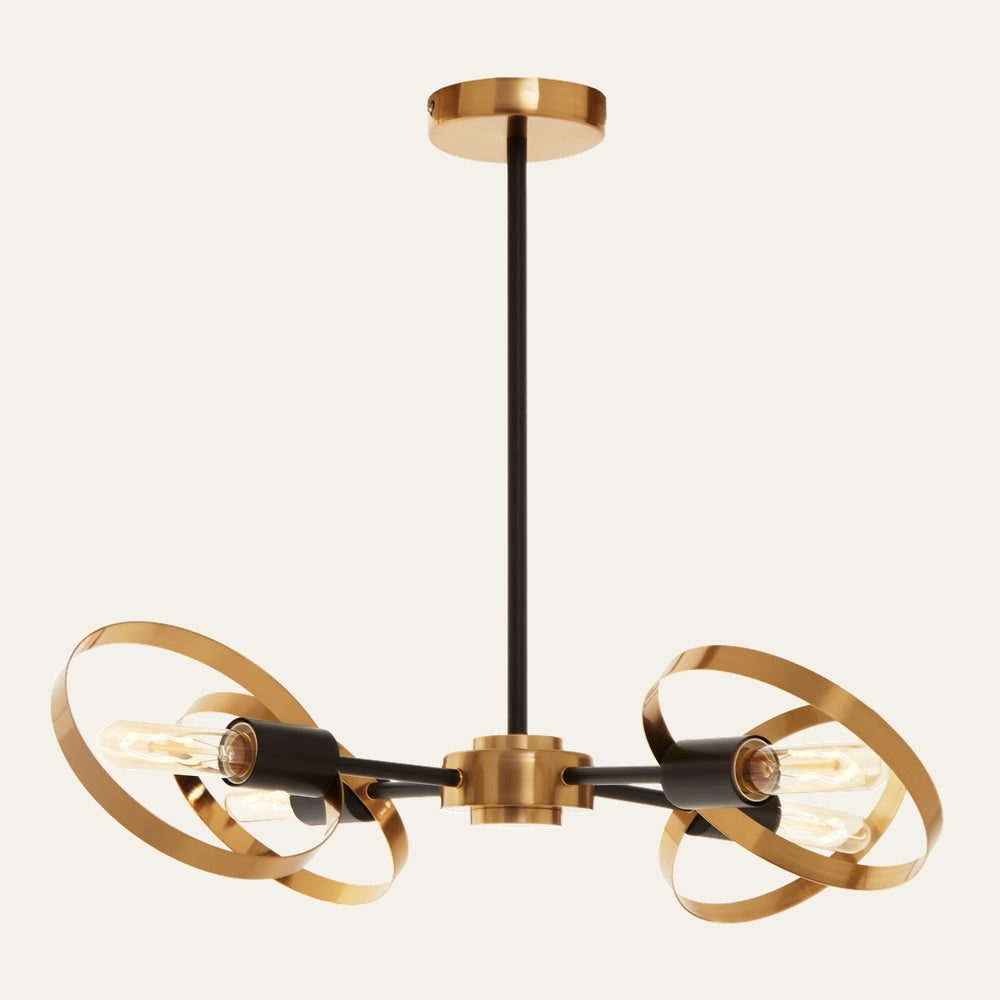 Erathia Four Bulb Ring Pendant Light with four exposed filament bulbs in black sockets, concentric brass rings and brass canopy on a central black rod