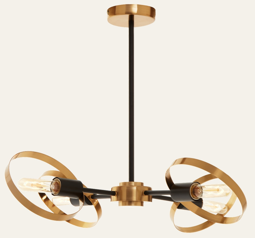 Erathia Four Bulb Ring Pendant Light with brass ring accents, black metal rods and four exposed filament bulbs