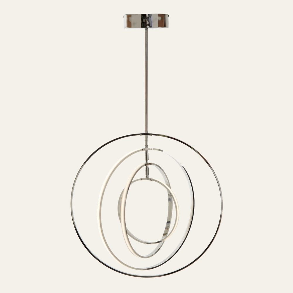 Erathia Four Ring Pendant Light — four concentric chrome rings with integrated white diffused light strips, suspended from a slim chrome rod and canopy