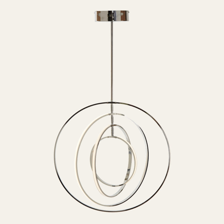 Erathia Four Ring Pendant Light — four concentric chrome rings with integrated white diffused light strips, suspended from a slim chrome rod and canopy