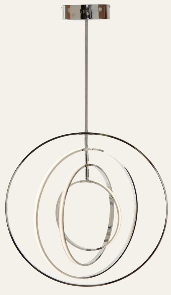 Erathia Four Ring Pendant Light with polished chrome canopy and rod, four concentric chrome rings and inner white light-diffusing rings