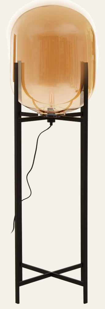Erathia Large Floor Lamp — large amber glass globe shade perched on a tall matte black metal frame with X cross base, visible filament bulb and hanging black cord