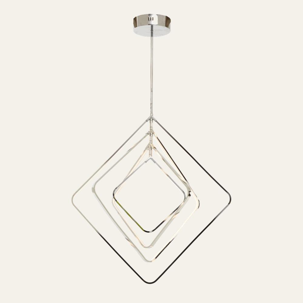 Erathia Open Frame Ceiling Light with three nested diamond-shaped open frames, illuminated edges and slim suspension rod in polished metal finish