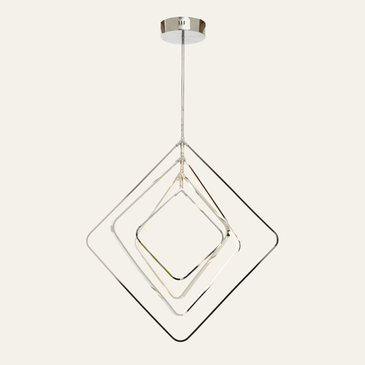 Erathia Open Frame Ceiling Light with three nested diamond-shaped open frames, illuminated edges and slim suspension rod in polished metal finish
