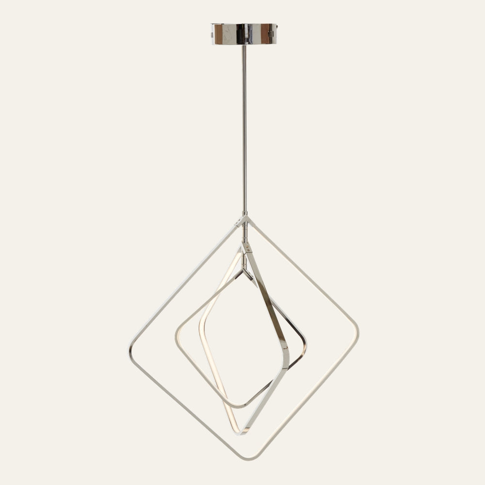 Erathia Open Frame Ceiling Light — polished chrome open-frame pendant with three nested diamond-shaped metal rings, illuminated inner ring, slim chrome downrod and round canopy