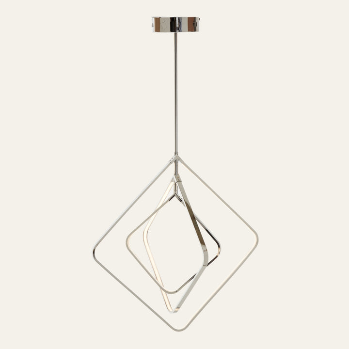 Erathia Open Frame Ceiling Light — polished chrome open-frame pendant with three nested diamond-shaped metal rings, illuminated inner ring, slim chrome downrod and round canopy