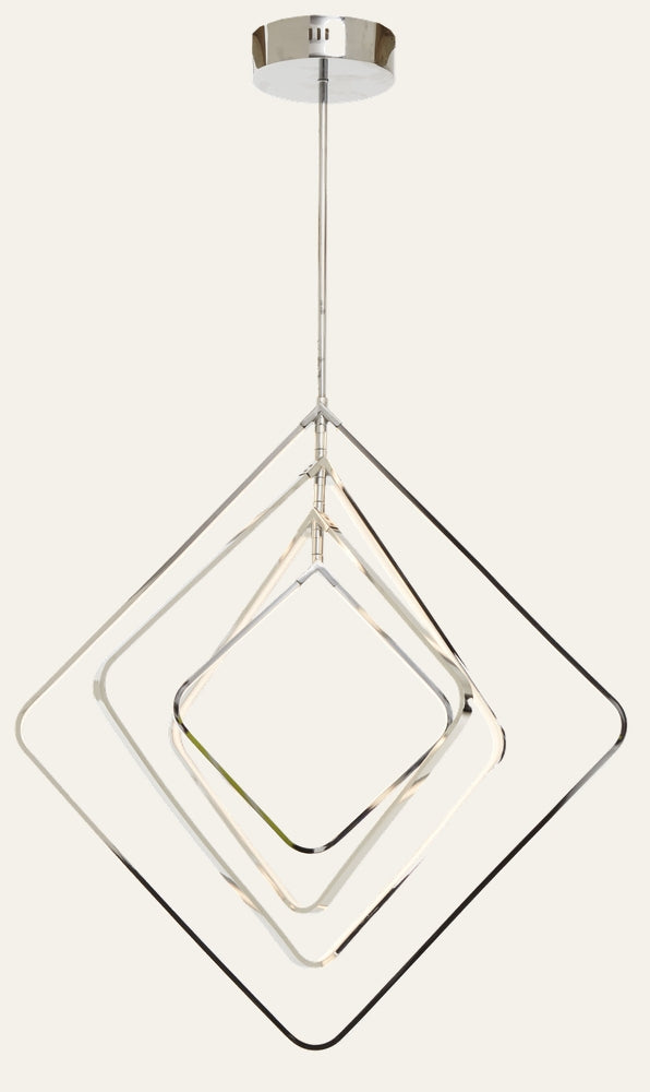 Erathia Open Frame Ceiling Light — polished chrome pendant with three nested diamond-shaped open frames with integrated LED light strips, suspended from a round ceiling canopy.