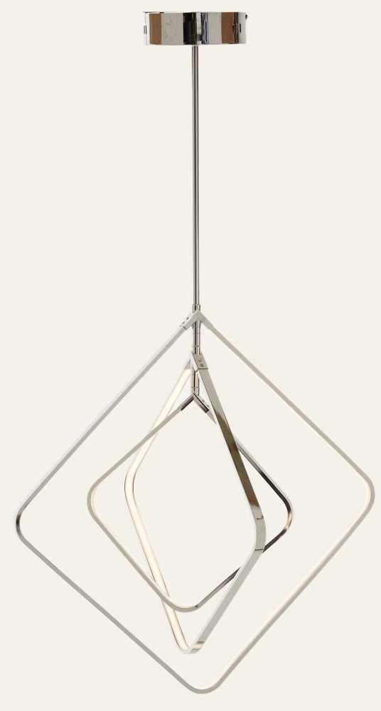 Erathia Open Frame Ceiling Light — polished chrome nested diamond frames with inner LED-lit diamond, suspended from a slender rod and round ceiling canopy.