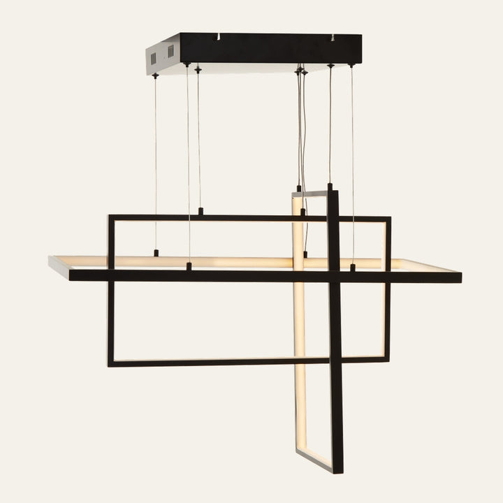 Erathia Overlapped Pendant Light — matte black overlapping rectangular metal frames with integrated warm LED strips, suspended by thin cables from a black rectangular ceiling canopy.