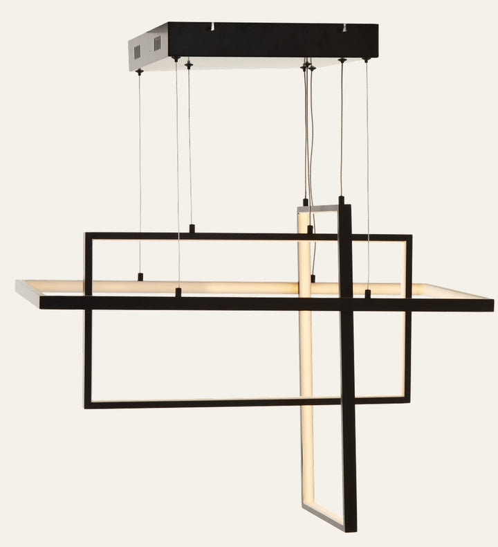 Erathia Overlapped Pendant Light — suspended matte black overlapping rectangular metal frames with warm white integrated LED diffusers, hung from a rectangular black ceiling canopy by thin cables.