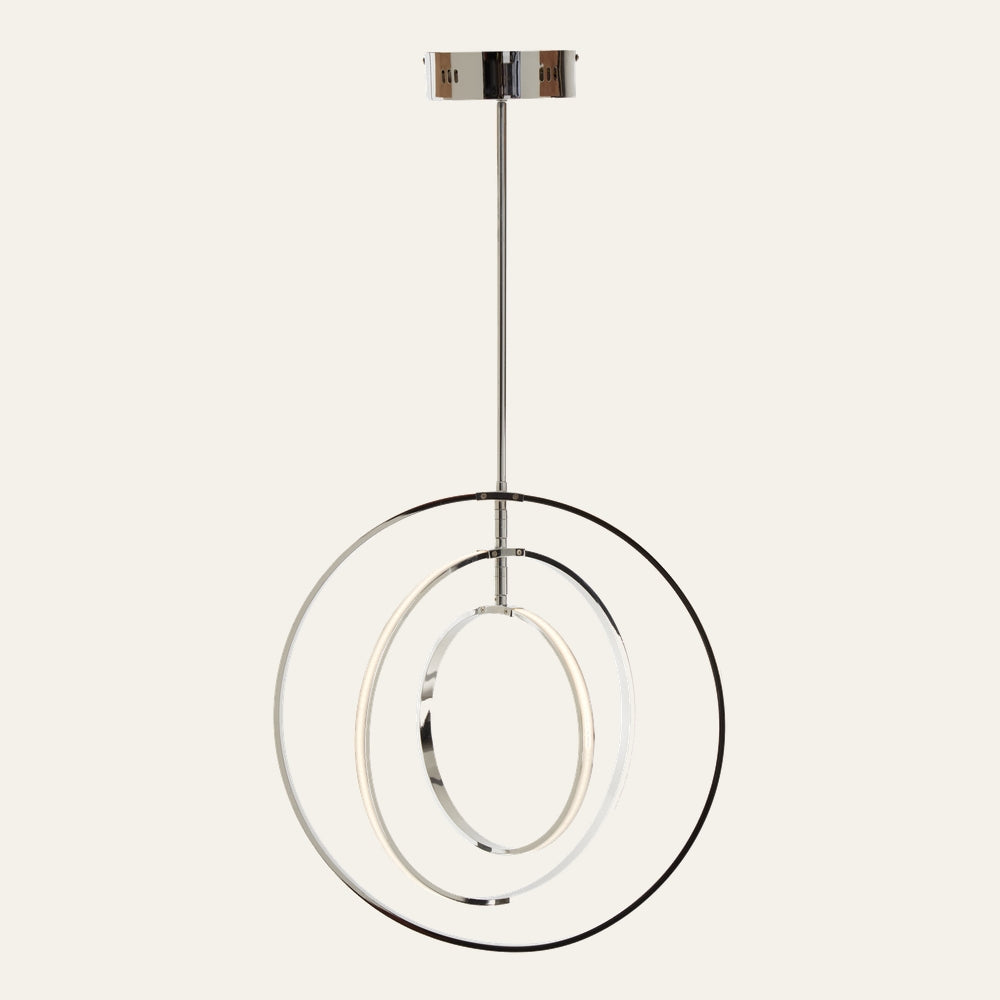 Erathia Three Ring Pendant Light — three concentric chrome rings with integrated frosted LED light strips, suspended from a slim chrome rod and round ceiling canopy