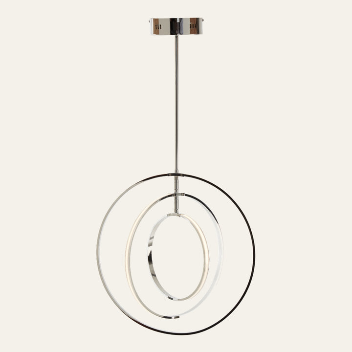 Erathia Three Ring Pendant Light — three concentric chrome rings with integrated frosted LED light strips, suspended from a slim chrome rod and round ceiling canopy