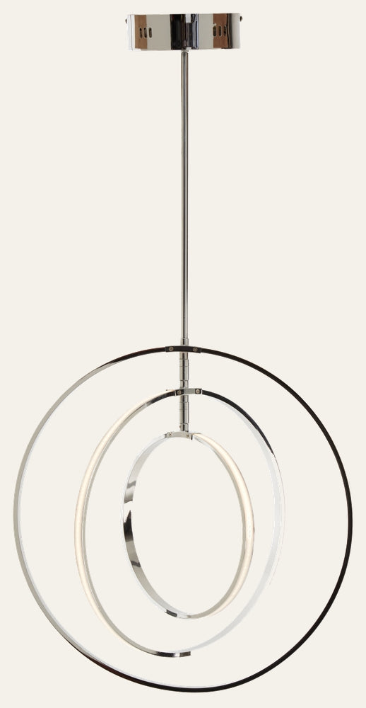Erathia Three Ring Pendant Light — three concentric polished chrome rings suspended from a chrome canopy and rod, with the innermost ring glowing with diffused white light