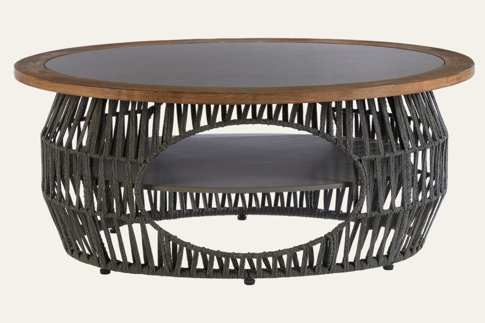 Eravaya Woven Rope Coffee Table with round walnut-finish wood rim, dark inset tabletop, open woven gray rope base featuring large circular cutout and lower shelf
