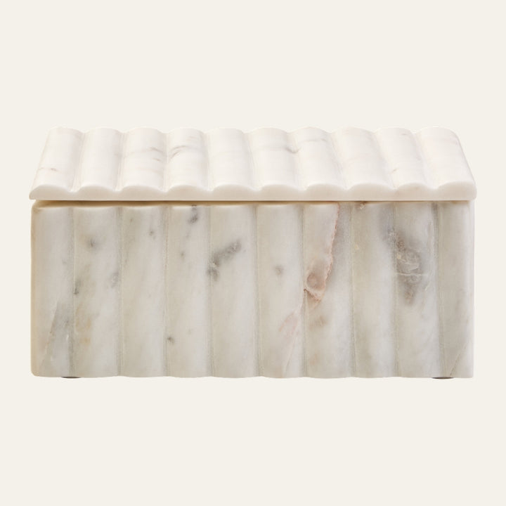 Erayana Fluted Marble Box, rectangular white marble box with vertical fluted sides and wavy fluted lid, subtle gray and pink veining