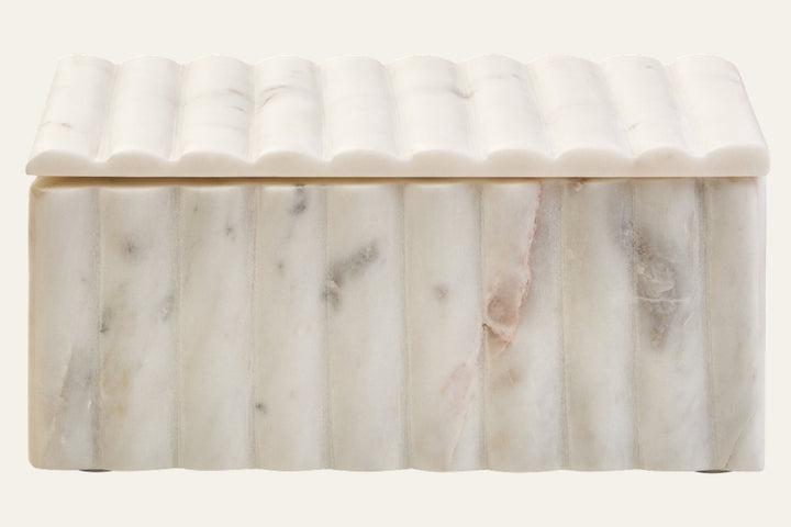 Erayana Fluted Marble Box — rectangular white marble box with vertical fluted ridges and scalloped fluted lid, subtle gray and pink veining