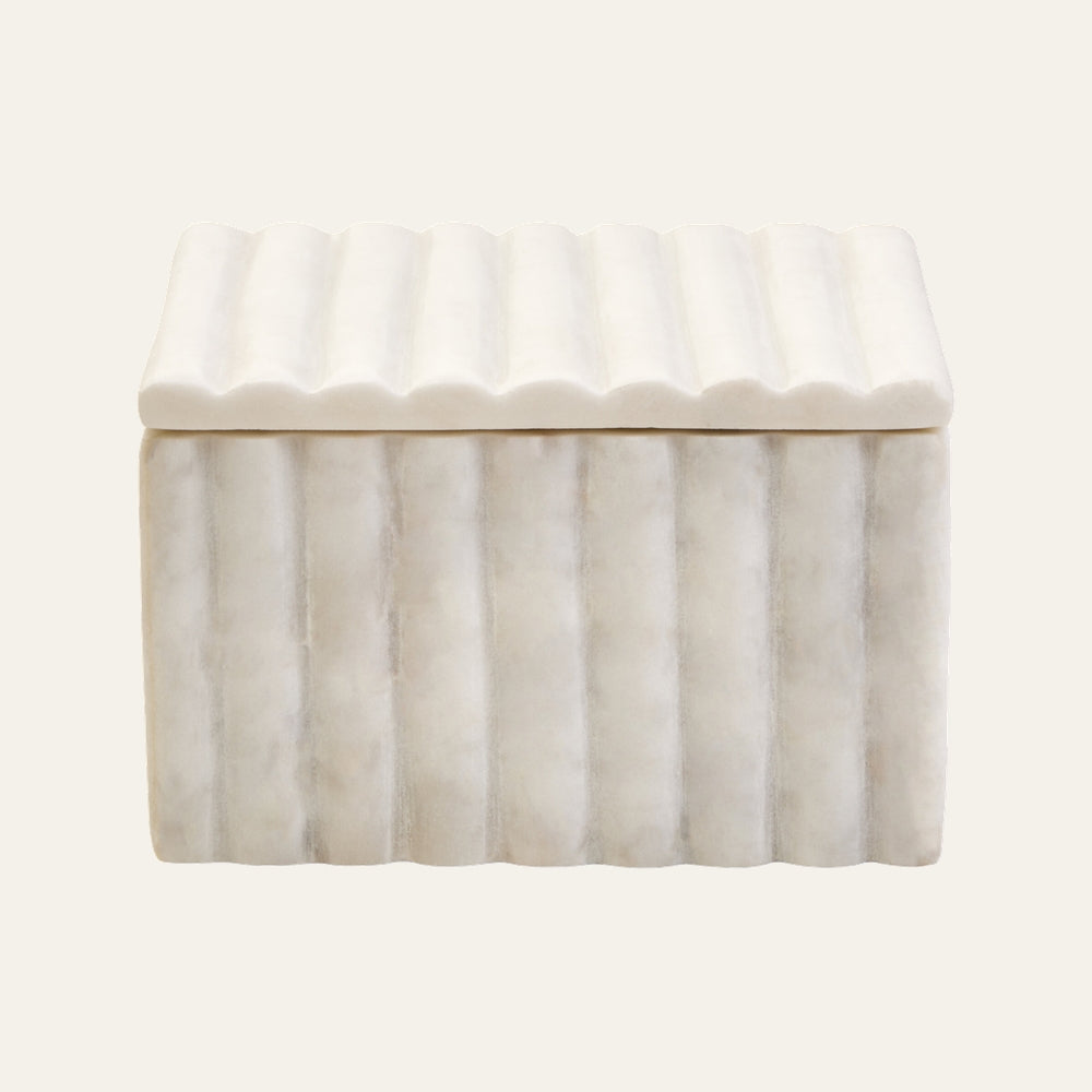 Erayana Square White Fluted Marble Box, square white marble box with vertical fluted sides and matching scalloped ridged lid