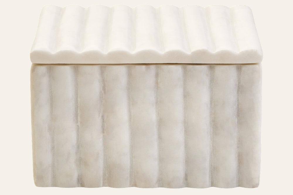 Erayana Square White Fluted Marble Box — square white marble box with scalloped fluted lid and vertical fluted sides, subtle cream veining