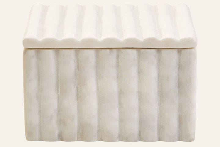 Erayana Square White Fluted Marble Box — square white marble box with scalloped fluted lid and vertical fluted sides, subtle cream veining