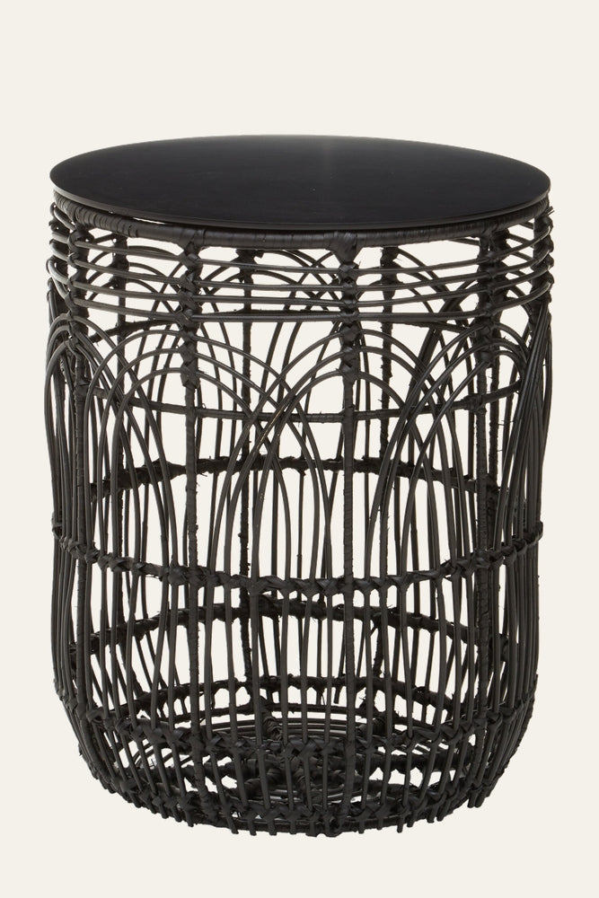 Eselle Round Rattan Side Table with black woven rattan openwork drum base and smooth round black top
