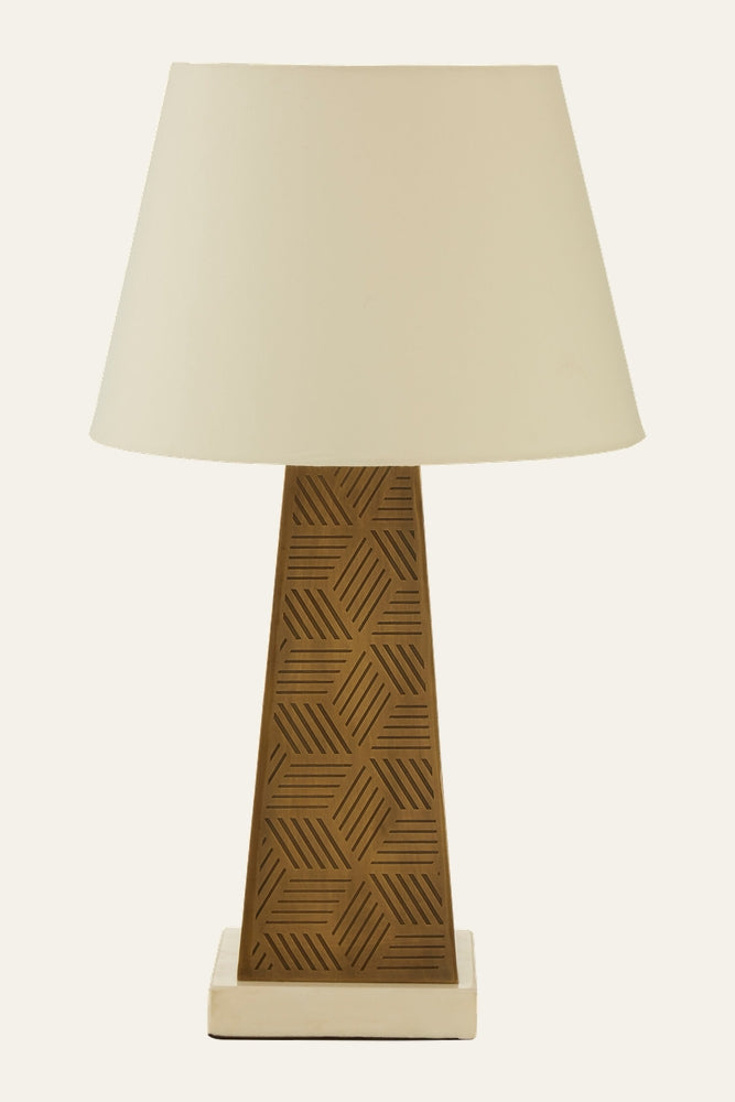 Esmira Marble Table Lamp with cream fabric shade, tapered brown geometric-patterned column and square cream marble base