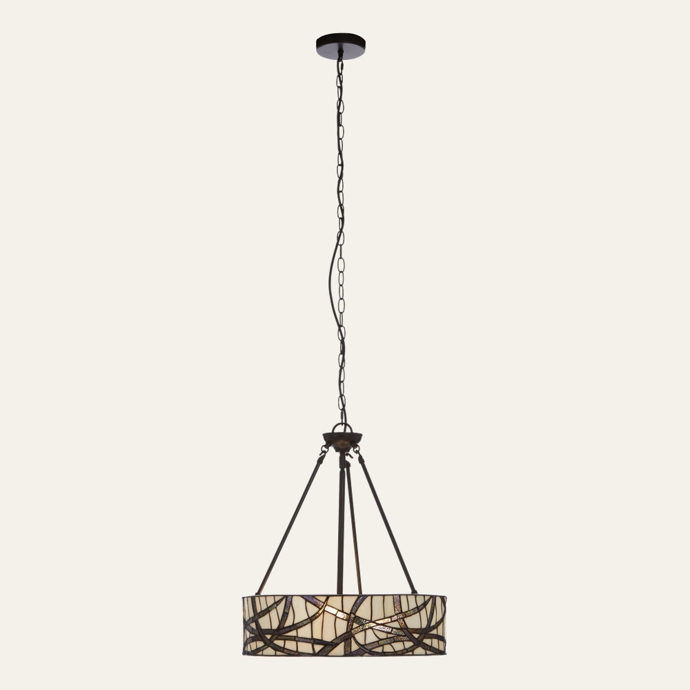 Evaya Ceiling Light — pendant chandelier with drum stained-glass shade in cream tones and dark bronze metal frame, suspended by a matching chain