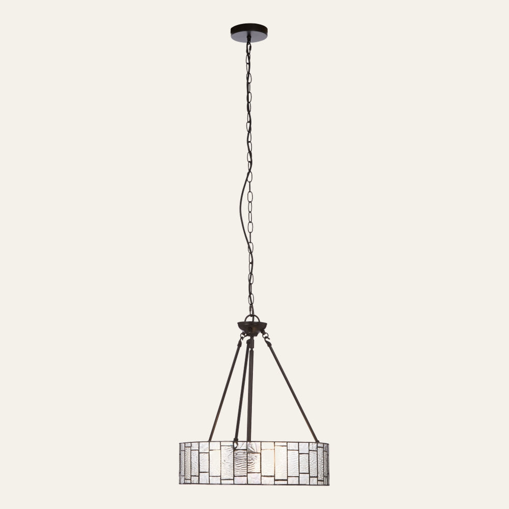 Evaya Ceiling Light pendant with dark metal chain and three rod supports suspending a round drum shade of textured mosaic clear glass panels