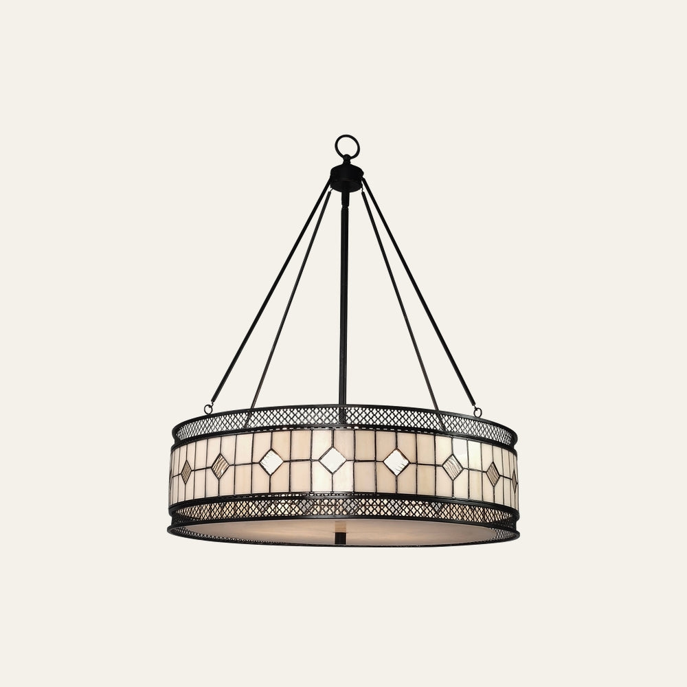 Evaya Ceiling Light with round drum stained-glass shade in cream and ivory with diamond accents, dark metal lattice frame and suspended by a central rod and four slender supports