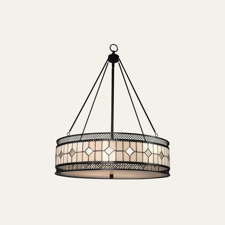 Evaya Ceiling Light with round drum stained-glass shade in cream and ivory with diamond accents, dark metal lattice frame and suspended by a central rod and four slender supports