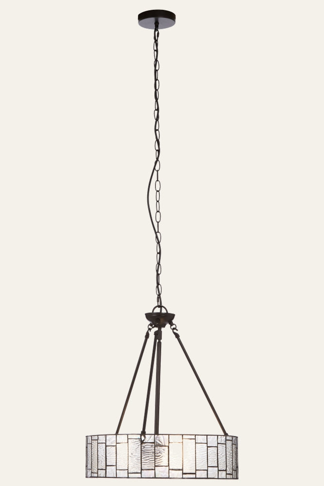 Evaya Ceiling Light — hanging drum pendant with textured mosaic glass panels and dark metal chain and frame
