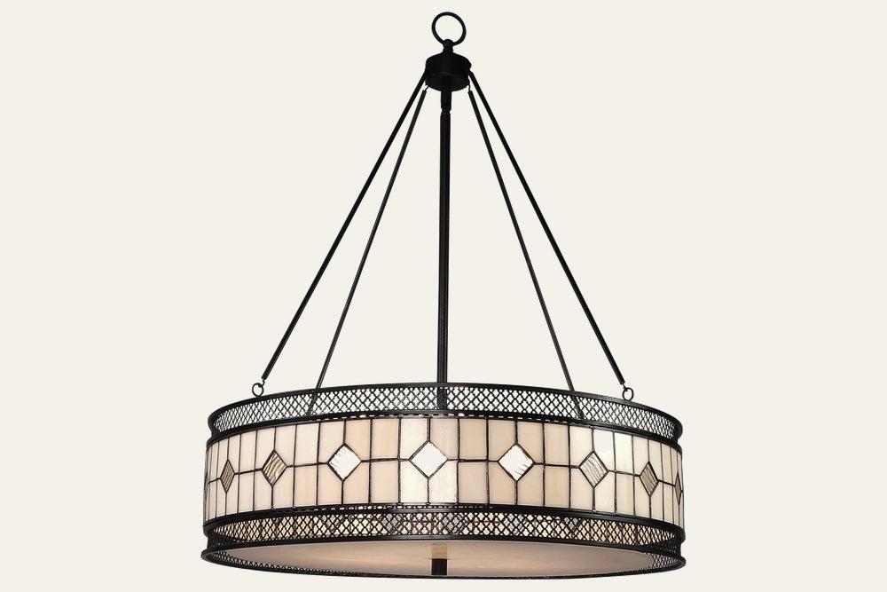 Evaya Ceiling Light, round drum chandelier with cream stained-glass panels and diamond glass accents set in a dark metal lattice frame, suspended by three slim rods
