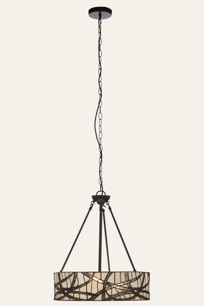 Evaya Ceiling Light — hanging pendant with round stained-glass drum shade in cream and iridescent pieces and dark metal chain and frame