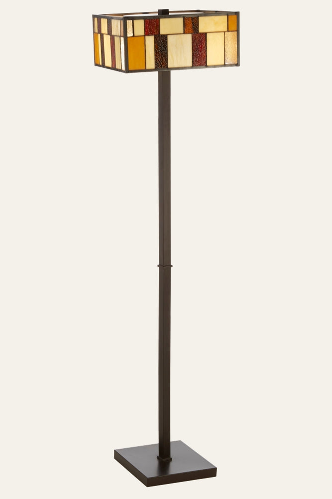 Evaya Floor Lamp with rectangular stained-glass mosaic shade in amber, cream and deep red, on a slender dark bronze square pole and matching square base