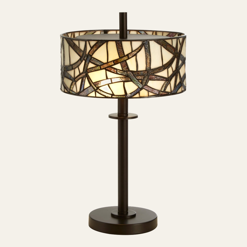 Evaya Table Lamp with illuminated stained-glass mosaic drum shade in cream and iridescent tones over an antique bronze straight stem and round base