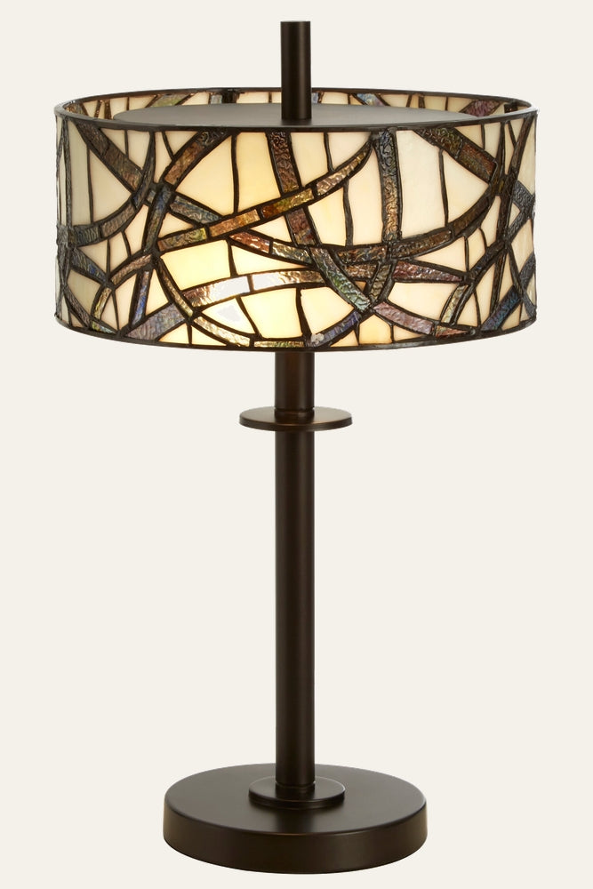 Evaya Table Lamp with stained-glass mosaic drum shade in cream and iridescent tones and a dark bronze metal pedestal base