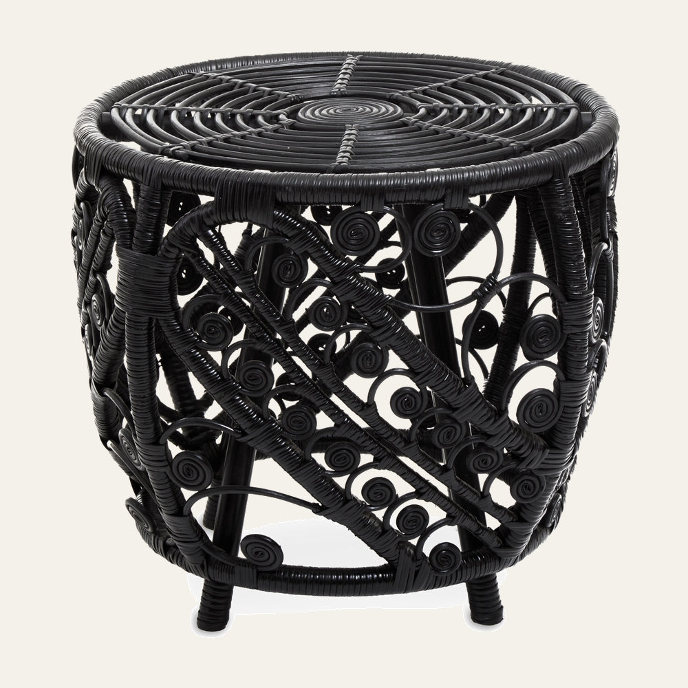 Evena Rattan Side Table — round black rattan side table with circular woven top and decorative spiral openwork sides