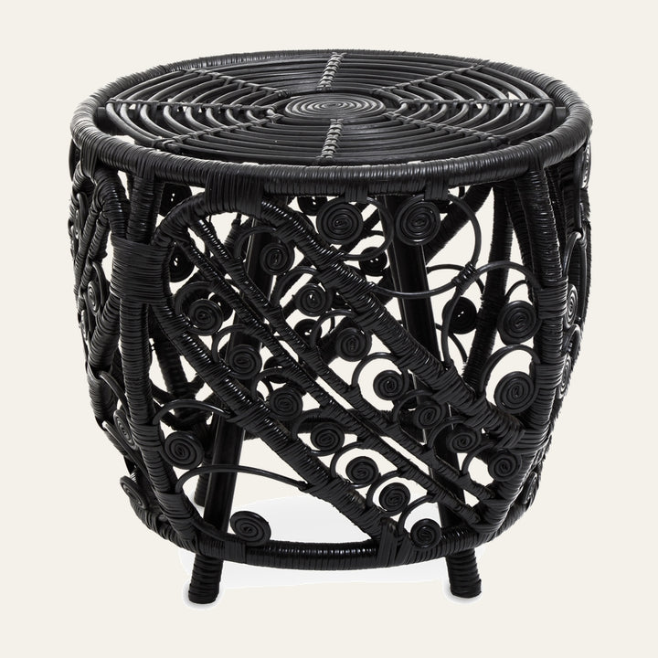 Evena Rattan Side Table — round black rattan side table with circular woven top and decorative spiral openwork sides