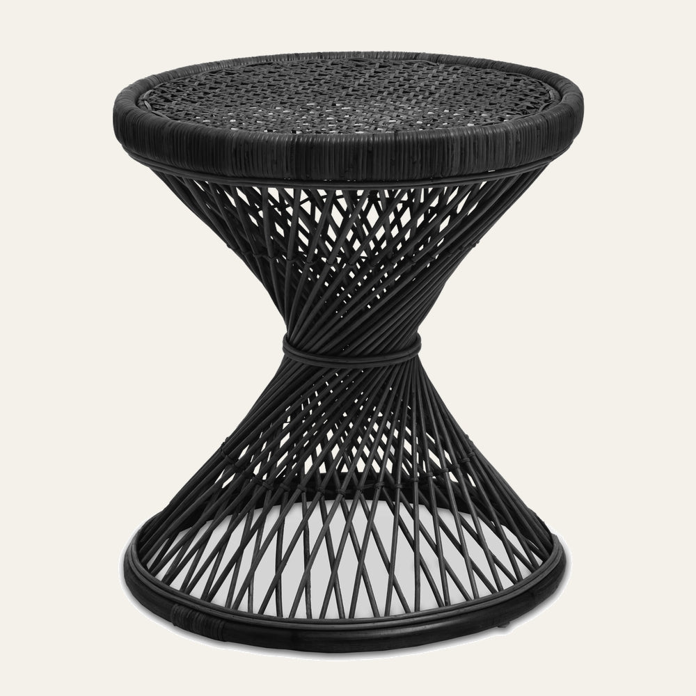 Evena Rattan Side Table — black woven rattan hourglass side table with round woven top and crisscross open-weave base.