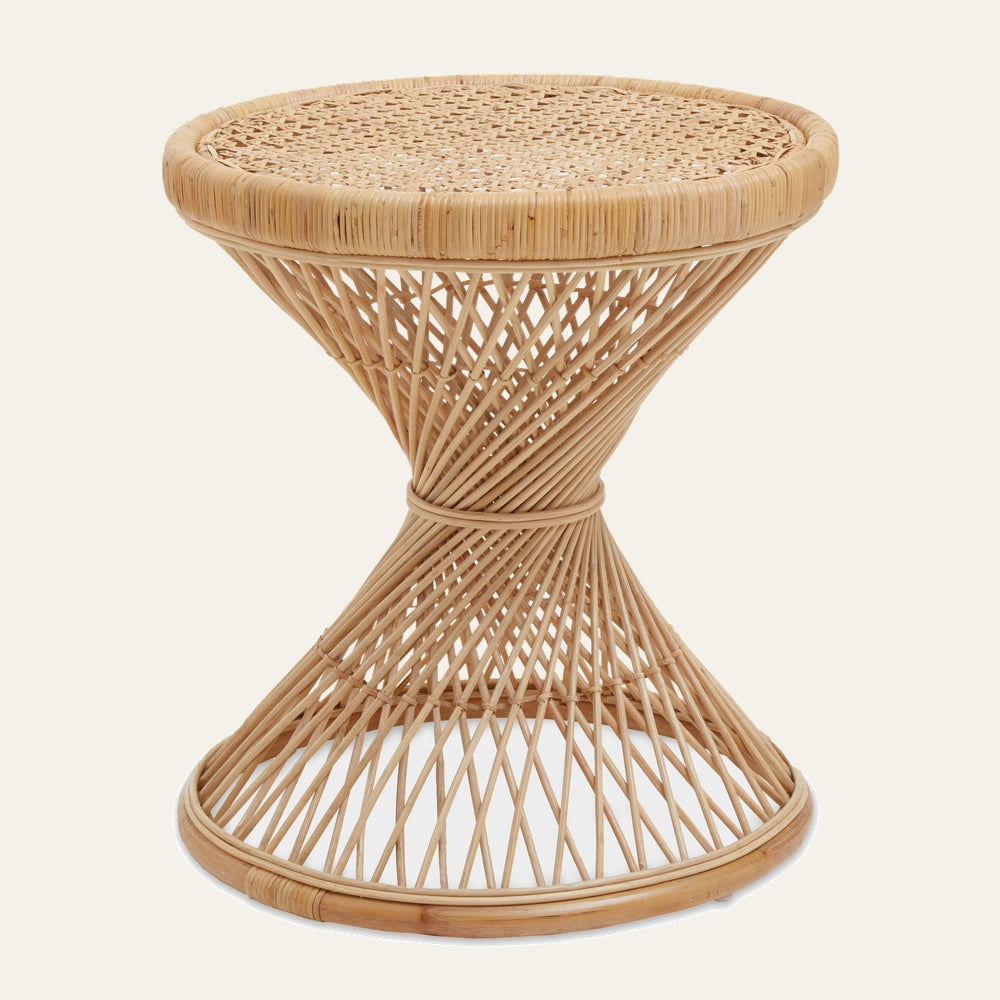 Evena Rattan Side Table with round woven rattan top and hourglass-shaped open lattice base in natural natural finish