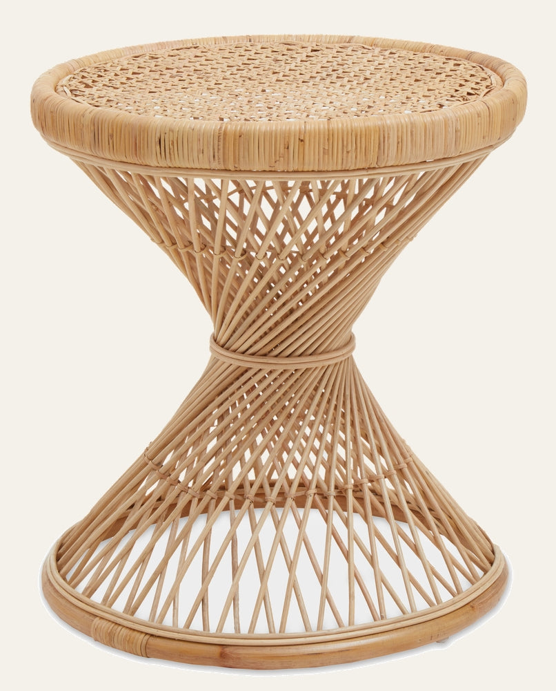 Evena Rattan Side Table with natural rattan finish, round woven top and hourglass-shaped spiraled lattice base.