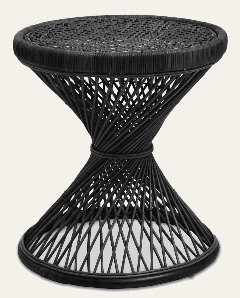 Evena Rattan Side Table — black round woven rattan top with hourglass twisted open-weave rattan base