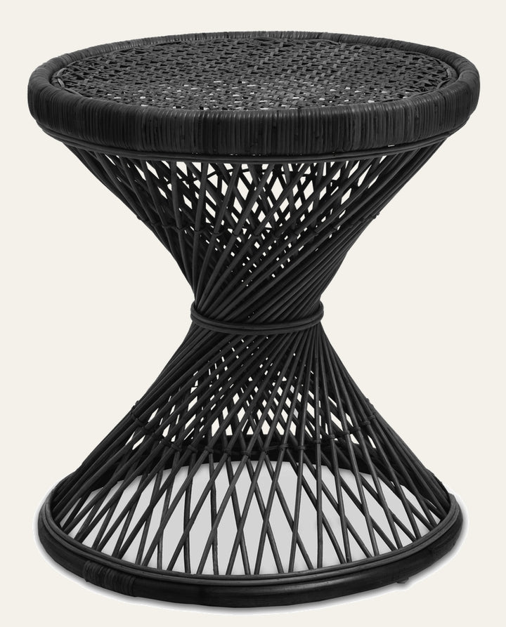 Evena Rattan Side Table — black round woven rattan top with hourglass twisted open-weave rattan base