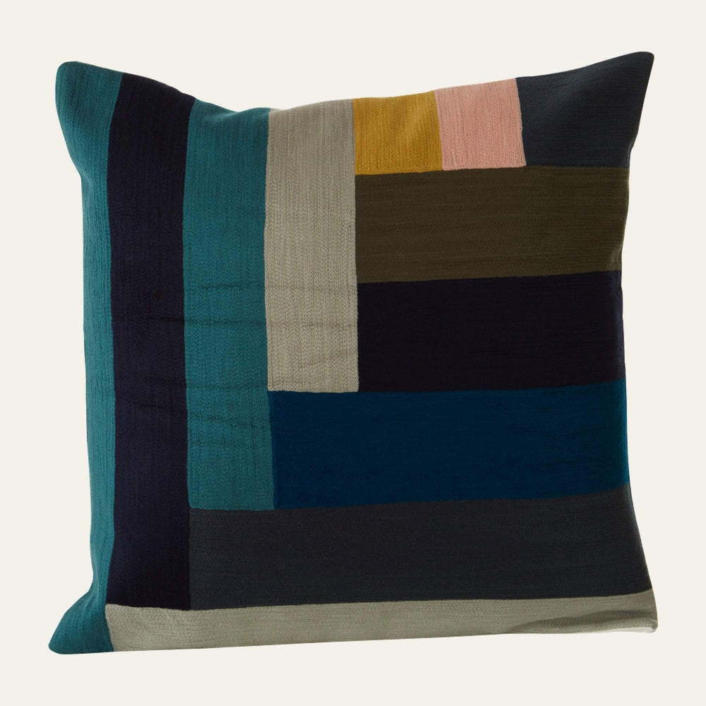 Ezelle Assorted Stripe Cushion, square knit cushion with bold vertical and horizontal stripe blocks in teal, navy, olive, mustard, blush and gray