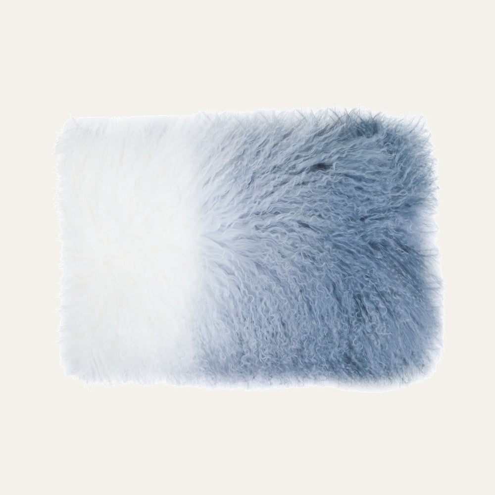 Ezelle Cushion, rectangular shaggy fur cushion with white left half and pale blue right half